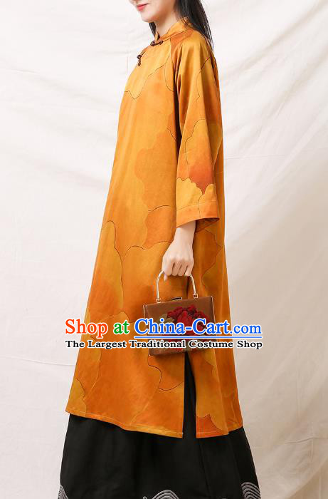 Asian Chinese Traditional Qipao Dress Clothing Classical Peony Pattern Yellow Silk Cheongsam