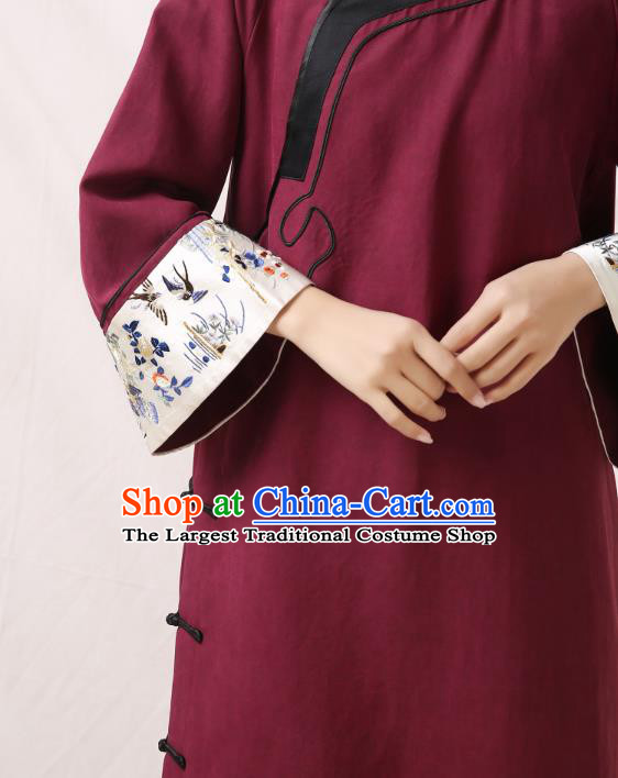 Asian Chinese Classical Embroidered Round Collar Cheongsam Traditional Qing Dynasty Court Woman Purple Silk Qipao Dress Clothing
