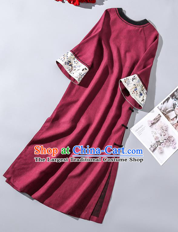 Asian Chinese Classical Embroidered Round Collar Cheongsam Traditional Qing Dynasty Court Woman Purple Silk Qipao Dress Clothing