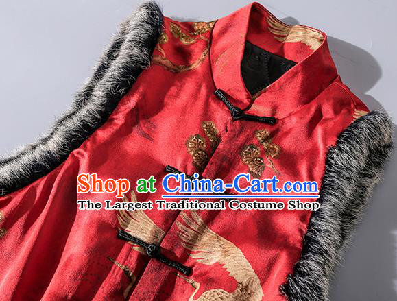 Chinese Traditional Red Silk Long Vest National Woman Gambiered Guangdong Gauze Cotton Wadded Waistcoat
