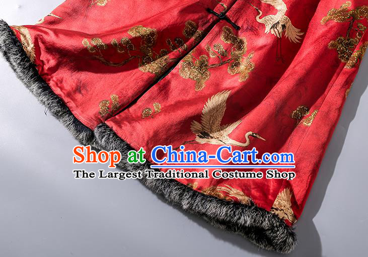 Chinese Traditional Red Silk Long Vest National Woman Gambiered Guangdong Gauze Cotton Wadded Waistcoat