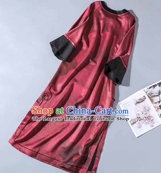 Asian Chinese Classical Peony Design Red Silk Cheongsam Clothing Traditional Qing Dynasty Court Lady Qipao Dress