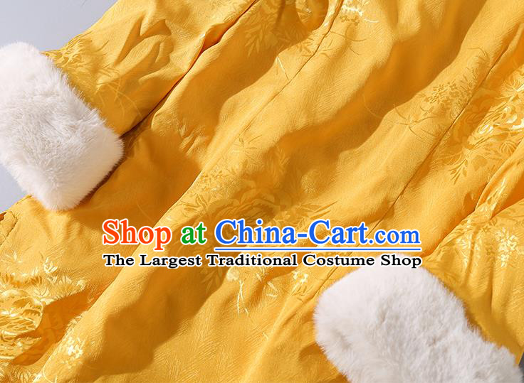 Asian Chinese Classical Winter Golden Cheongsam Traditional Silk Cotton Wadded Qipao Dress Clothing