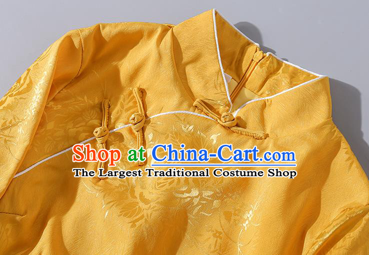 Asian Chinese Classical Winter Golden Cheongsam Traditional Silk Cotton Wadded Qipao Dress Clothing