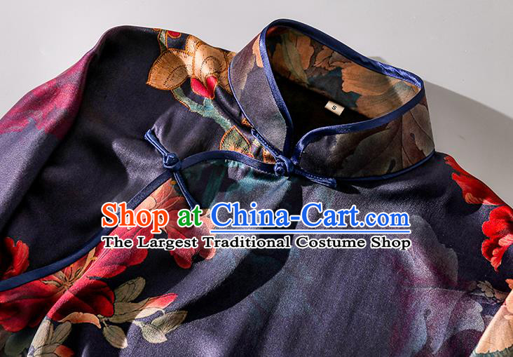 Asian Chinese Classical Cheongsam Traditional Printing Peony Purple Silk Qipao Dress Clothing