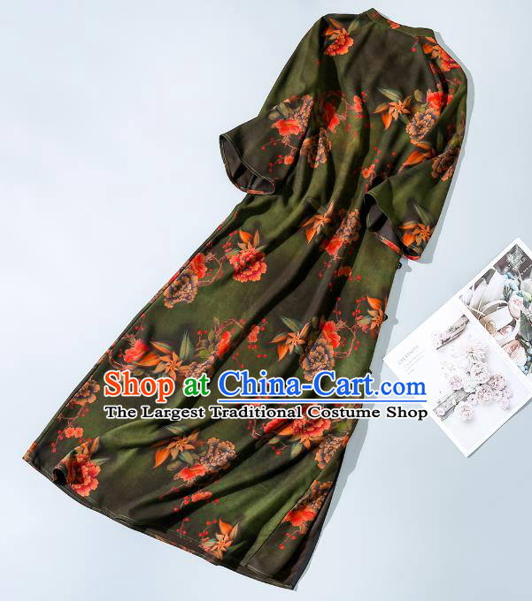Asian Chinese Traditional Green Silk Long Qipao Dress Female Clothing Classical Peony Pattern Cheongsam
