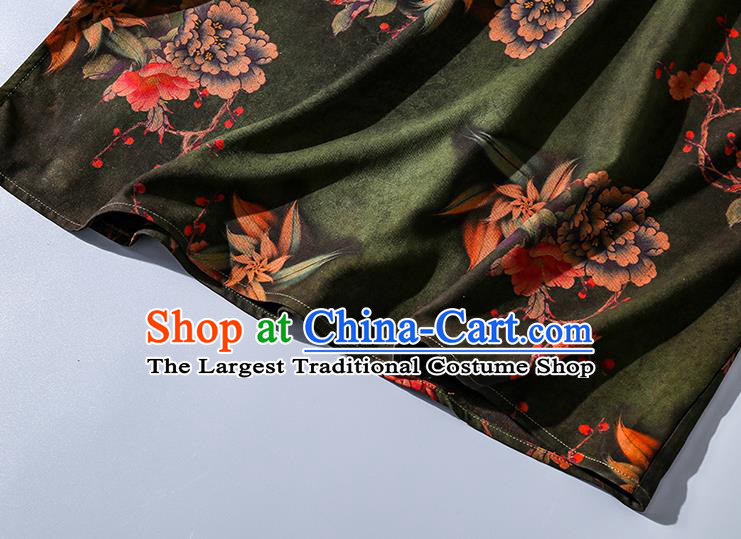 Asian Chinese Traditional Green Silk Long Qipao Dress Female Clothing Classical Peony Pattern Cheongsam