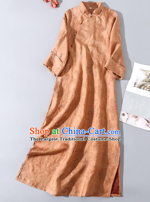 Asian Chinese Woman Clothing Classical Cheongsam Traditional Apricot Silk Long Qipao Dress