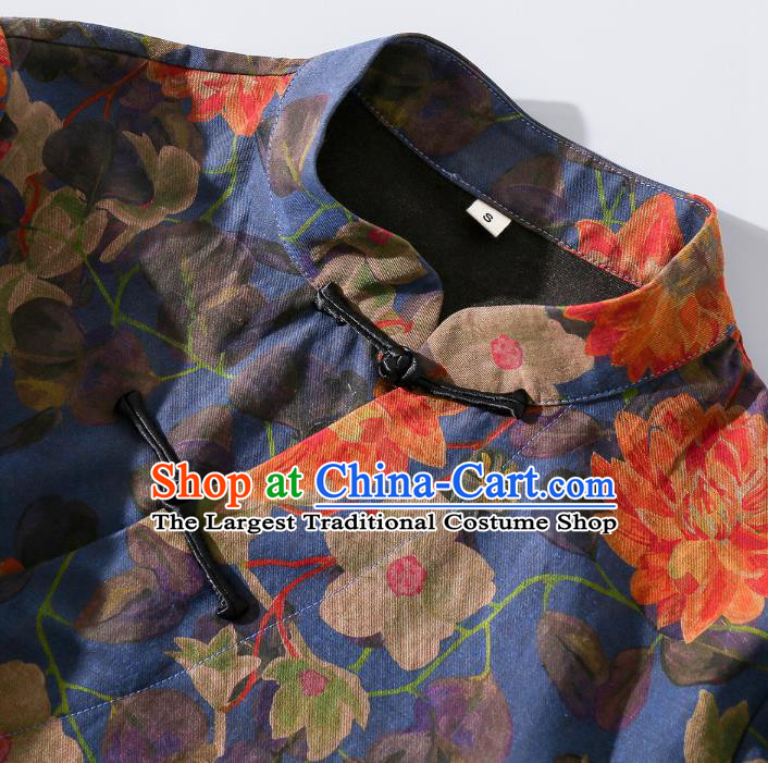 Asian Chinese Classical Peony Pattern Cheongsam Traditional Deep Blue Silk Long Qipao Dress Woman Clothing