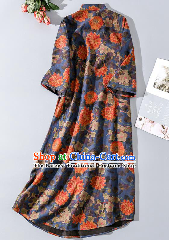 Asian Chinese Classical Peony Pattern Cheongsam Traditional Deep Blue Silk Long Qipao Dress Woman Clothing
