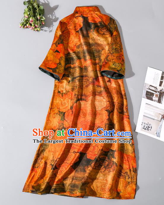 Asian Chinese Traditional Orange Silk Long Qipao Dress Woman Clothing Classical Clouds Pattern Cheongsam