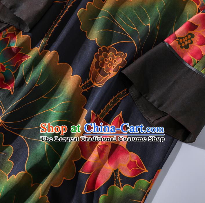Asian Chinese Traditional Woman Black Silk Qipao Dress Classical Lotus Pattern Cheongsam Clothing
