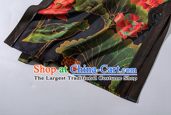 Asian Chinese Traditional Woman Black Silk Qipao Dress Classical Lotus Pattern Cheongsam Clothing
