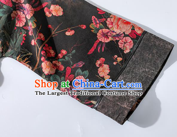 China Traditional Tang Suit Black Silk Long Dust Coat Classical Printing Peony Outer Garment Costume