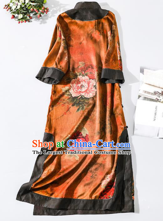 Asian Chinese Traditional Peony Pattern Qipao Dress National Clothing Classical Shanghai Beauty Orange Silk Cheongsam