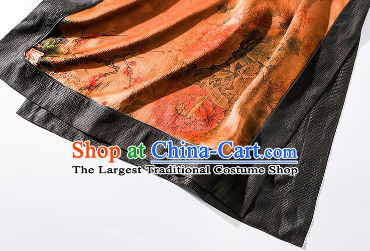 Asian Chinese Traditional Peony Pattern Qipao Dress National Clothing Classical Shanghai Beauty Orange Silk Cheongsam