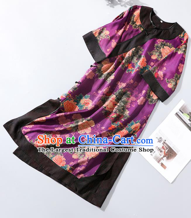 Asian Chinese Classical Young Lady Purple Silk Cheongsam Traditional Peony Pattern Qipao Dress National Clothing