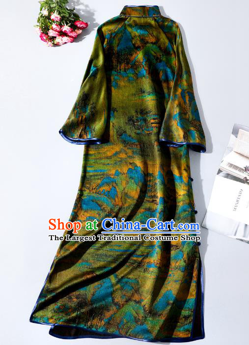 Asian Chinese Classical Stand Collar Cheongsam Clothing Traditional Green Silk Qipao Dress
