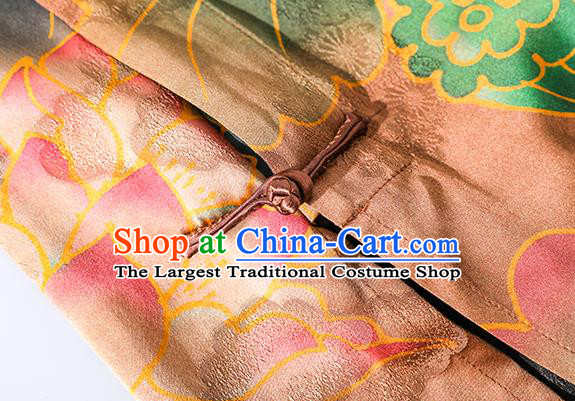 Asian Chinese Classical Orange Silk Cheongsam National Clothing Traditional Lotus Pattern Qipao Dress