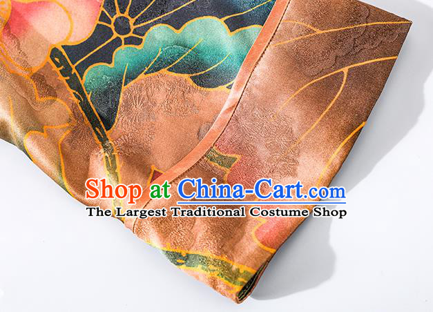 Asian Chinese Classical Orange Silk Cheongsam National Clothing Traditional Lotus Pattern Qipao Dress