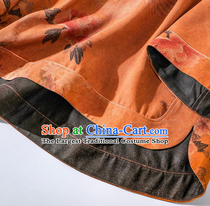 China Classical Phoenix Pattern Tang Suit Upper Outer Garment Traditional Cheongsam Orange Silk Shirt