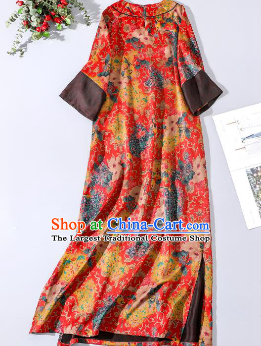 Asian Chinese Classical Printing Camellia Cheongsam Traditional Red Silk Qipao Dress Clothing