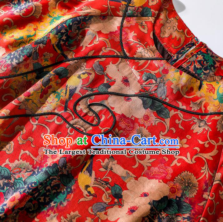 Asian Chinese Classical Printing Camellia Cheongsam Traditional Red Silk Qipao Dress Clothing