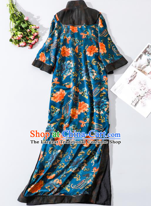 Asian Chinese Qing Dynasty Court Lady Clothing Traditional Phoenix Peony Pattern Qipao Dress Classical Blue Silk Cheongsam