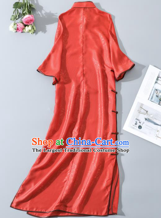 Asian Chinese Jacquard Red Silk Qipao Dress Clothing Traditional Classical Young Lady Cheongsam