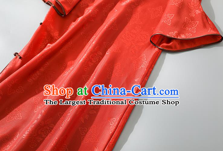 Asian Chinese Jacquard Red Silk Qipao Dress Clothing Traditional Classical Young Lady Cheongsam