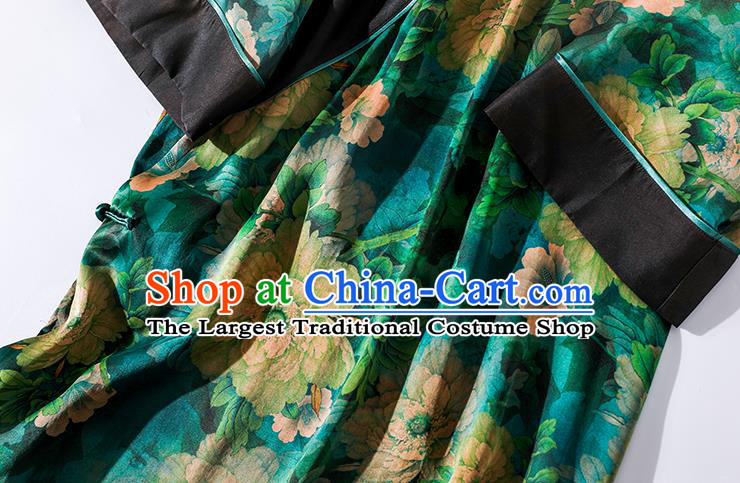 Asian Chinese Classical Peony Pattern Design Green Silk Cheongsam Traditional Old Shanghai Qipao Dress Clothing