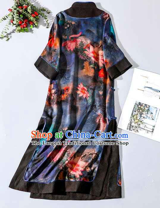 Asian Chinese Classical Lotus Pattern Design Cheongsam Traditional Shanghai Deep Blue Silk Qipao Dress Clothing