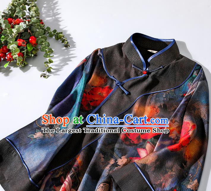Asian Chinese Classical Lotus Pattern Design Cheongsam Traditional Shanghai Deep Blue Silk Qipao Dress Clothing