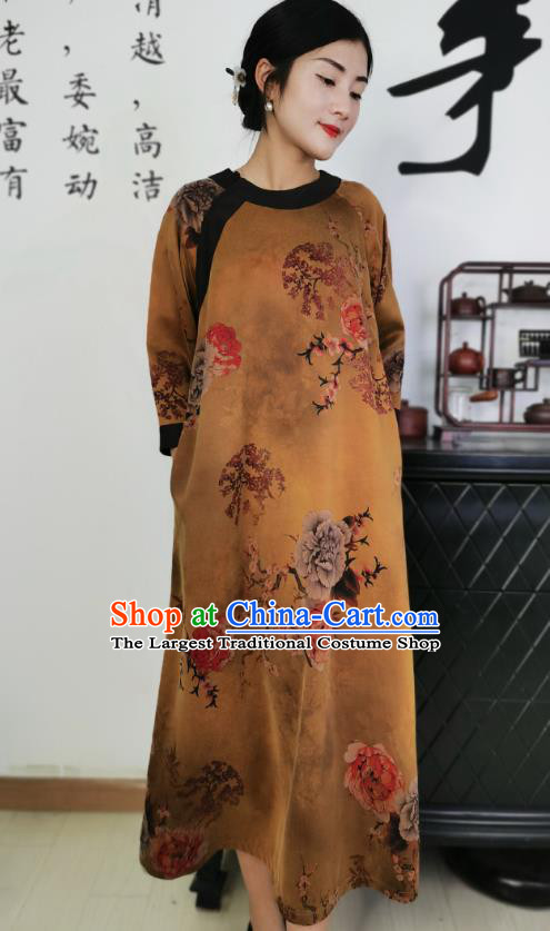 Asian Chinese Traditional Ginger Silk Qipao Dress Classical Peony Pattern Cheongsam Costume