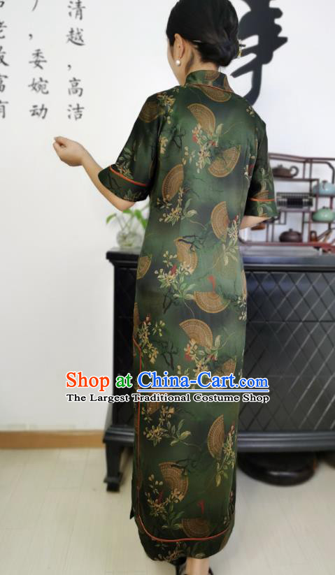 Asian Chinese Traditional Dark Green Silk Qipao Dress Classical Slant Opening Cheongsam Costume