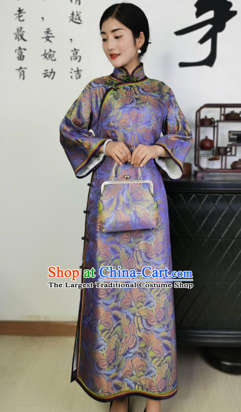 Asian Chinese Traditional Purple Brocade Qipao Dress Classical Elderly Woman Silk Cheongsam Costume