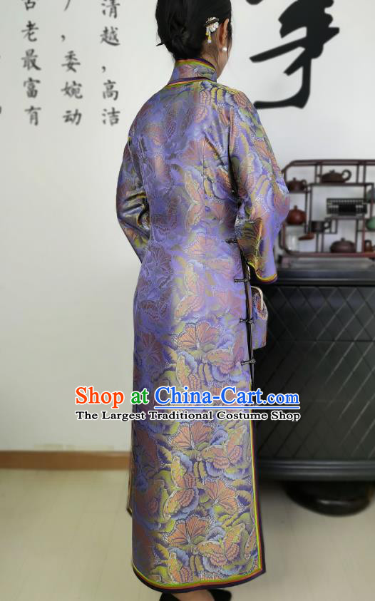 Asian Chinese Traditional Purple Brocade Qipao Dress Classical Elderly Woman Silk Cheongsam Costume