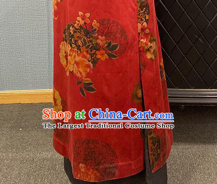 China Traditional Tang Suit Outer Garment National Woman Printing Red Silk Dust Coat