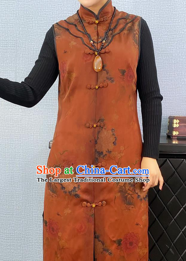 Chinese Traditional National Costume Women Brown Silk Long Vest Tang Suit Waistcoat