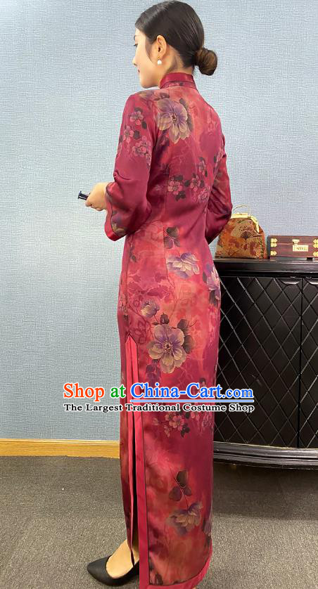 Asian Chinese Traditional Purple Silk Qipao Dress Classical Camellia Pattern Cheongsam Costume