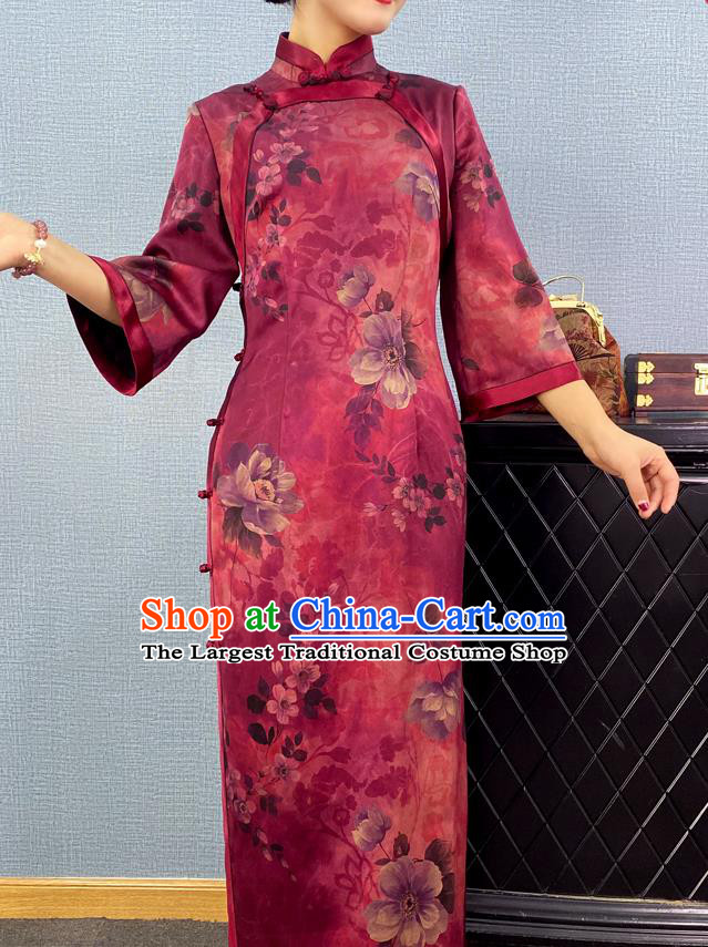 Asian Chinese Traditional Purple Silk Qipao Dress Classical Camellia Pattern Cheongsam Costume