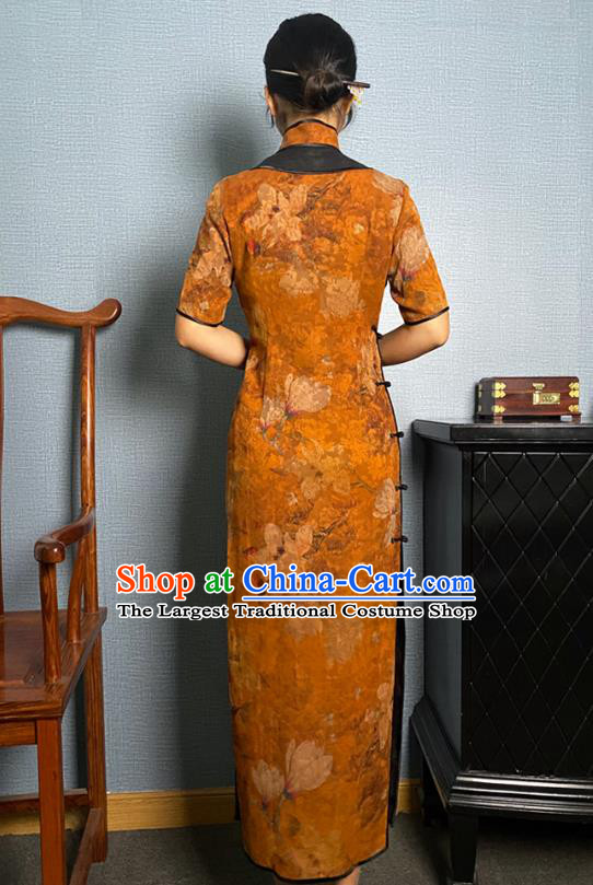Asian Chinese Traditional Noble Beauty Qipao Dress Classical Mangnolia Pattern Orange Silk Cheongsam Costume