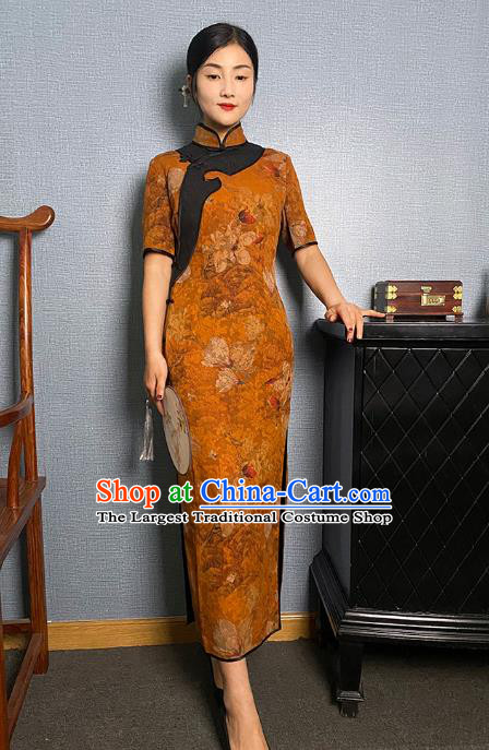 Asian Chinese Traditional Noble Beauty Qipao Dress Classical Mangnolia Pattern Orange Silk Cheongsam Costume