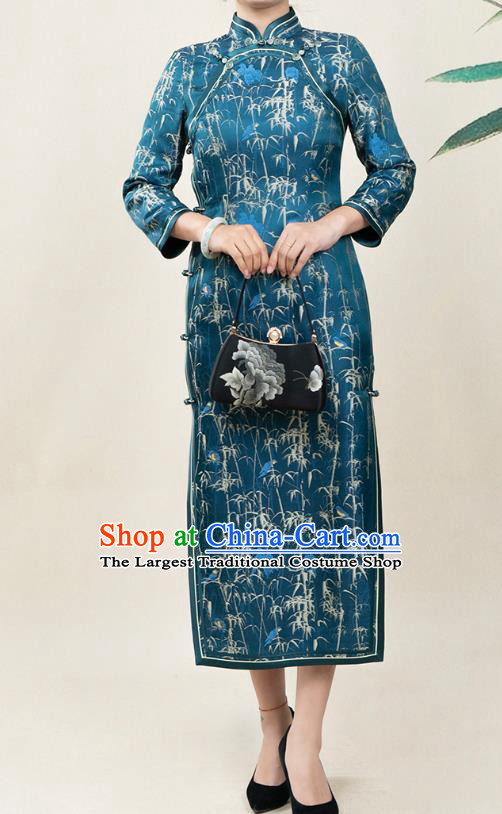 Asian Chinese Traditional Middle Age Woman Qipao Dress Classical Bamboo Pattern Blue Silk Cheongsam Costume