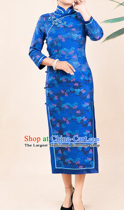 Asian Chinese Traditional Wedding Mother Song Brocade Qipao Dress Classical Royalblue Silk Cheongsam Costume