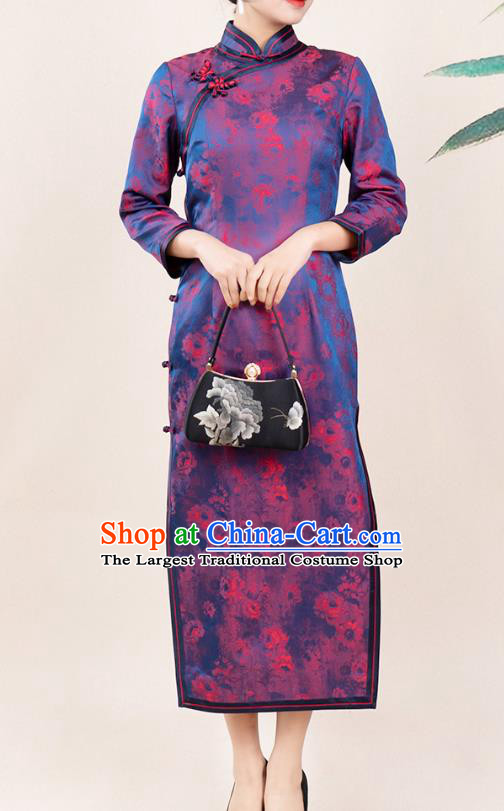 Asian Chinese Classical Silk Cheongsam Costume Traditional Noble Mistress Purple Brocade Qipao Dress