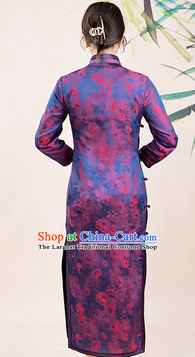 Asian Chinese Classical Silk Cheongsam Costume Traditional Noble Mistress Purple Brocade Qipao Dress