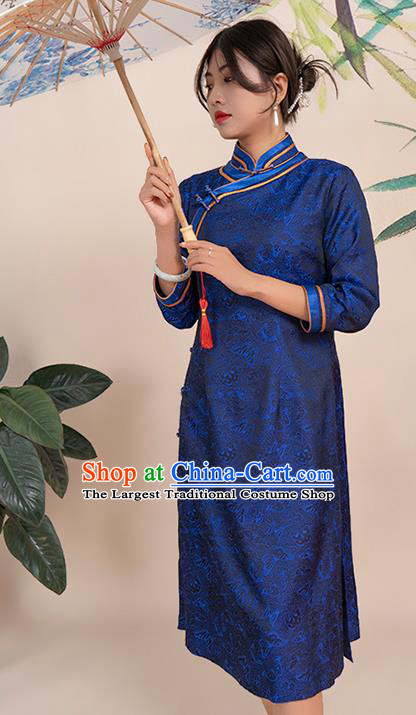 Asian Chinese Traditional Young Lady Brocade Qipao Dress Classical Navy Silk Short Cheongsam Costume