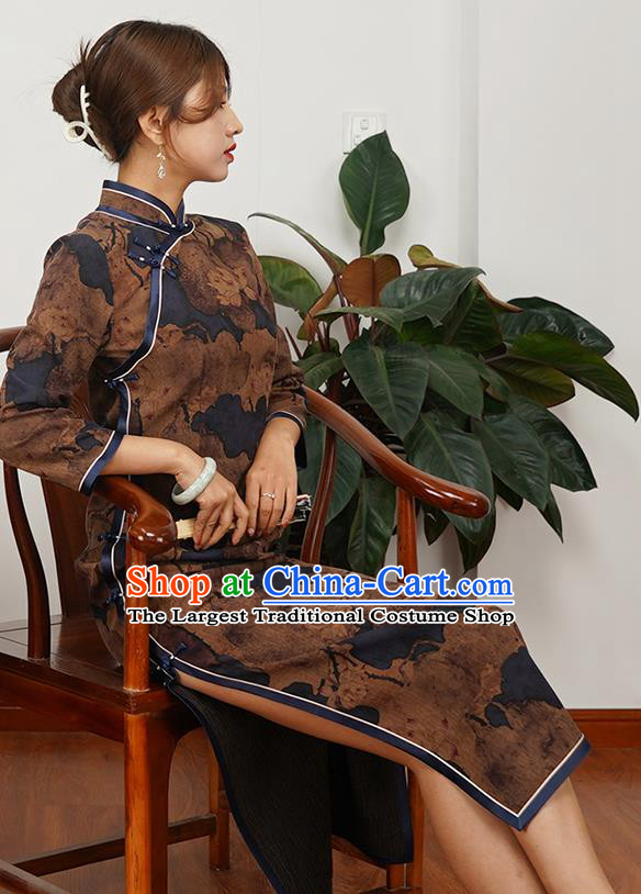 Asian Chinese Traditional Shanghai Debutante Qipao Dress Young Beauty Classical Brown Silk Cheongsam Costume