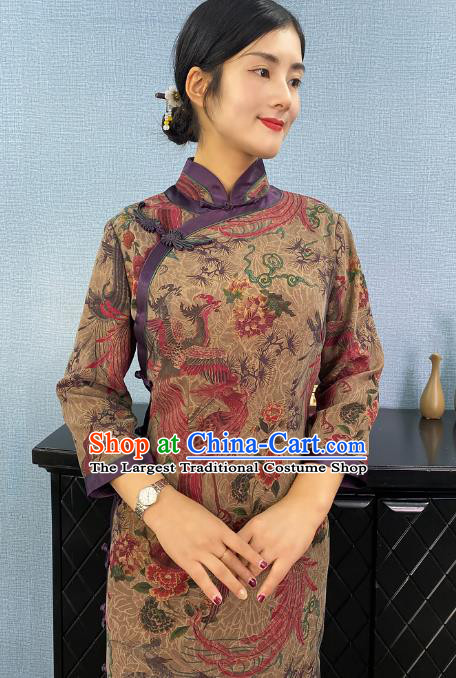 Asian Chinese Classical Phoenix Peony Pattern Ginger Cheongsam Costume Traditional Shanghai Beauty Qipao Dress